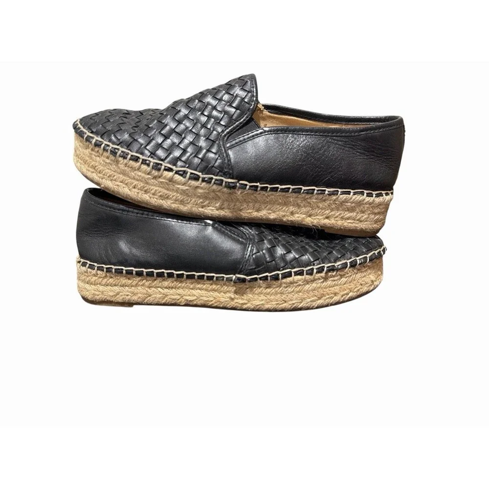 Sam Edelman Espadrilles Flats‎ 8 M Black Woven Leather Slip On Platform Shoes